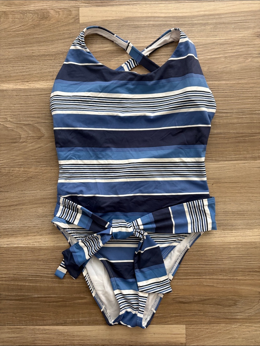 Skye Swimwear Navy and Light Blue Striped Girls' One-Piece with Waist Tie